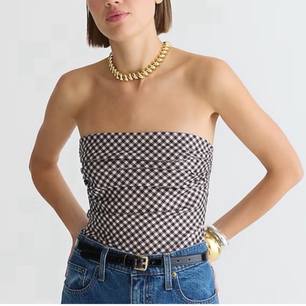 J.Crew Collection Gingham Ruched Strapless Top in Stretch Taffeta Size 8